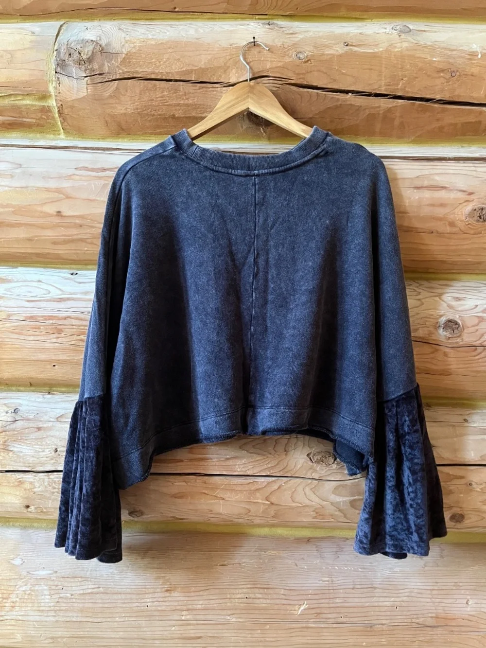 Free People Black Sweatshirt Faded Oversized Wide Cropped Velvet Bell Sleeve XS